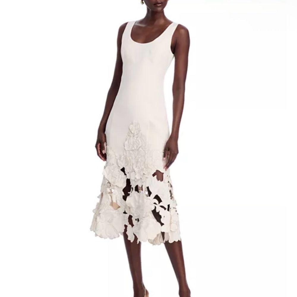 Sleeveless White Midi Dress with Floral Cutout Hem